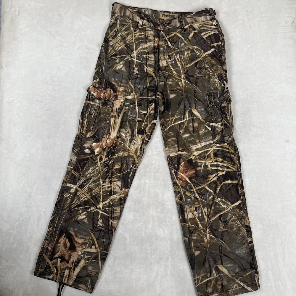 Russell Outdoors Cargo Pants Mens Medium Green Camo Canvas Relaxed Fit Hunting